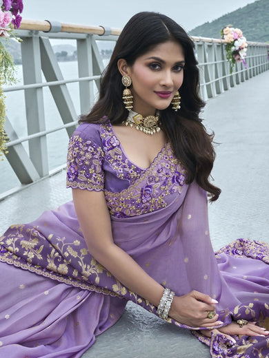 Captivating Lavender Zari Work Organza Silk Engagement Wear Saree